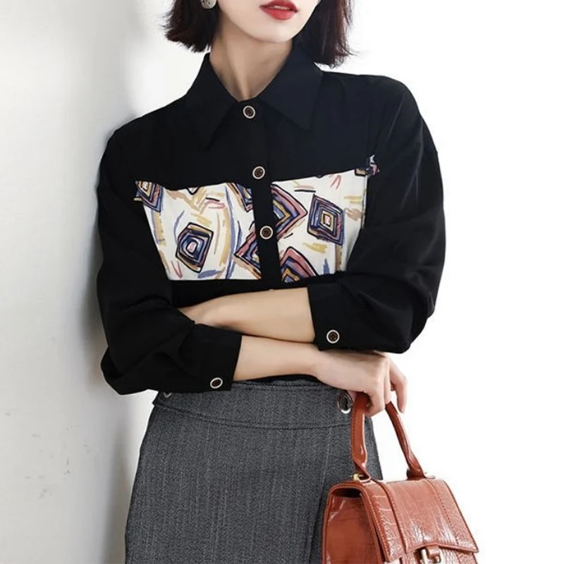 

Корейская модная шикарная блузка с принтом в стиле пэчворк, Женская Повседневная Блузка с длинным рукавом, уличная универсальная рубашка на пуговицах, блузы, одежда