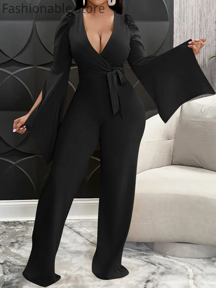 

Solid Color Deep V-Neck Tied Waist Wide Sleeve Jumpsuits