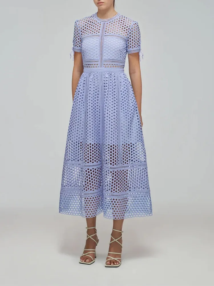 

Women Midi Robes Hollow Out Lace up Short Sleeve High Waist Zipper Dress