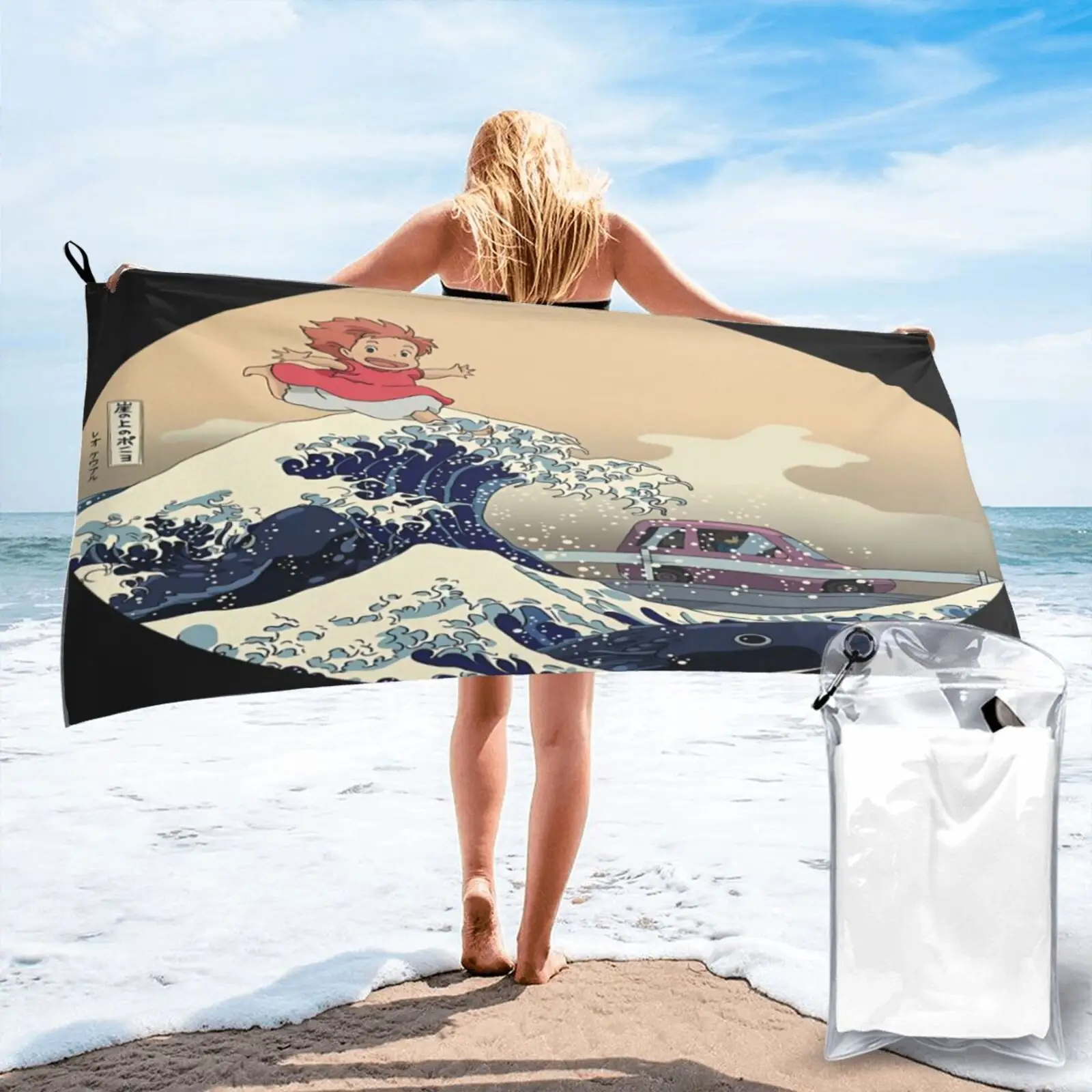

Ponyo On The Japanese Wave Hokusai Beach Towel Beachwear Hair Towel Hair Towel Kitchen Towels Bath-House Towel Bath And Shower