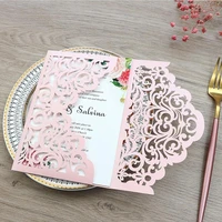 10 pieceslot rococo laser pink pocket wedding invitation card xv birthday engagement party invite greeting card ic145