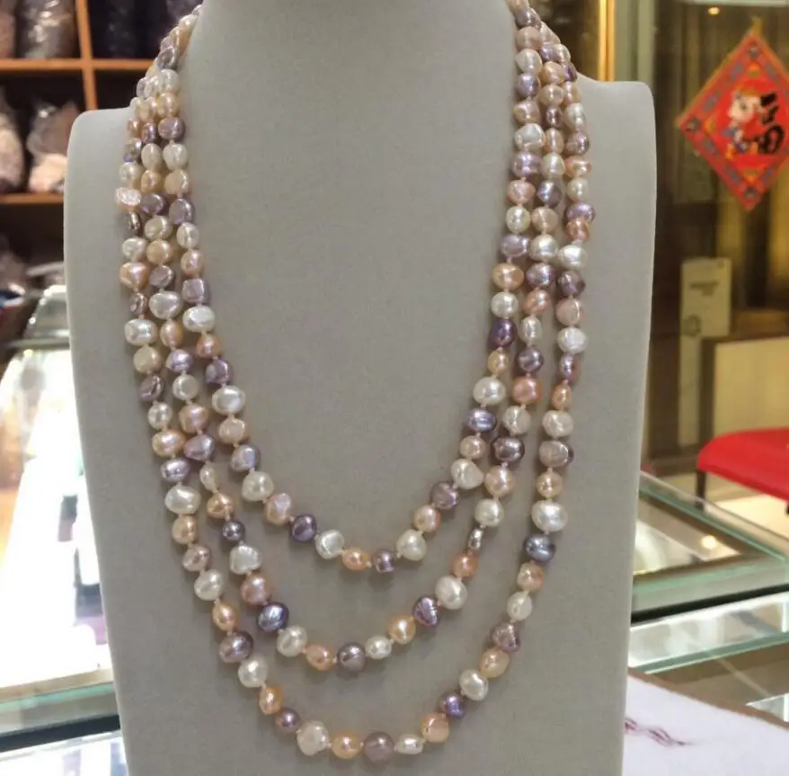 

Ожерелье из натурального пресноводного жемчуга, длинная цепочка для свитера 50 дюймов в стиле барокко, 7-8 мм, белый, розовый, фиолетовый цвета