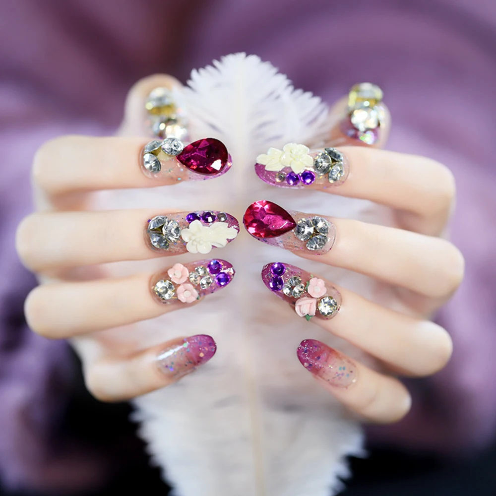 

24Pcs Purple False Nails Glitter Diamond Long Bridal Fake Nails for Women Artificial Nails French Style Fake Nail Patch SP99