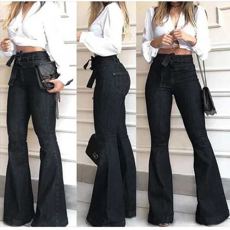 Women's Fashion Little Stretch Full Length Flare Pants Denim Female Blue Autumn High Waist Lace Up Boot Cut Jeans Cords Trousers