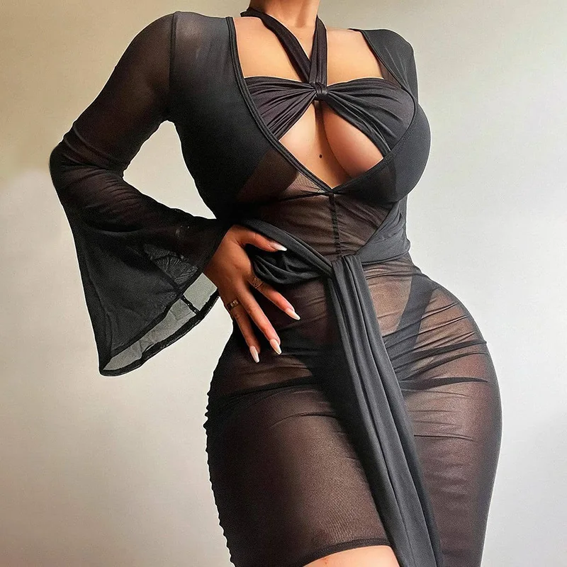 

European and American women's dress deep V collar strap dress feminine sense perspective horn sleeve drape wrap buttock skirt