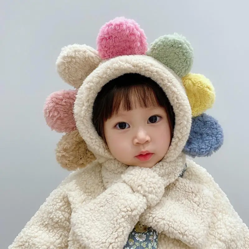 

Plush Warm Photography Props Windproof Large Flower Ear Cap Hat And Scarf Infant Accessories Autumn Winter Soft Lace Up Design