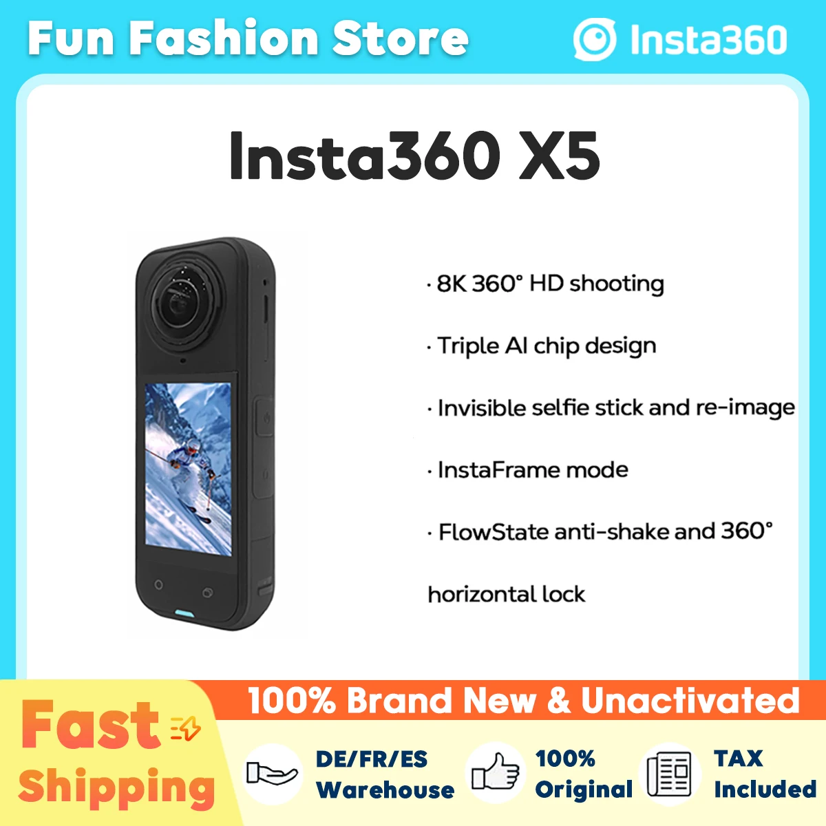 Camara Insta360 X5 Impermeable 8K 360 Camara de Accion Lentes8K 30fps 360 Video X5 Camara de accion Protector contra el viento 185 minutos Nuevo original