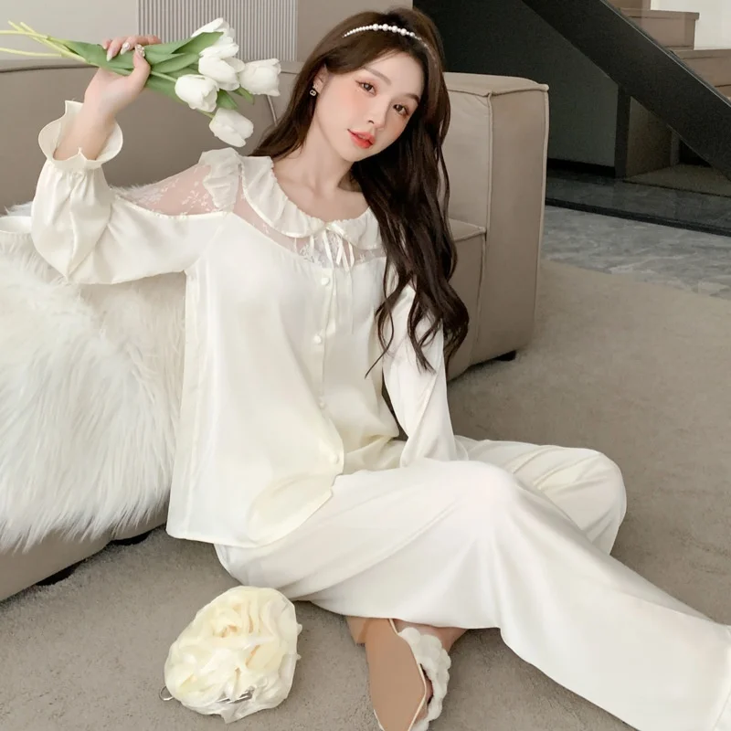 Lisacmvpnel Women's Spring And Summer Ice Silk Long Sleeve Set Pajamas French Court Style Home Clothes Sleepwear
