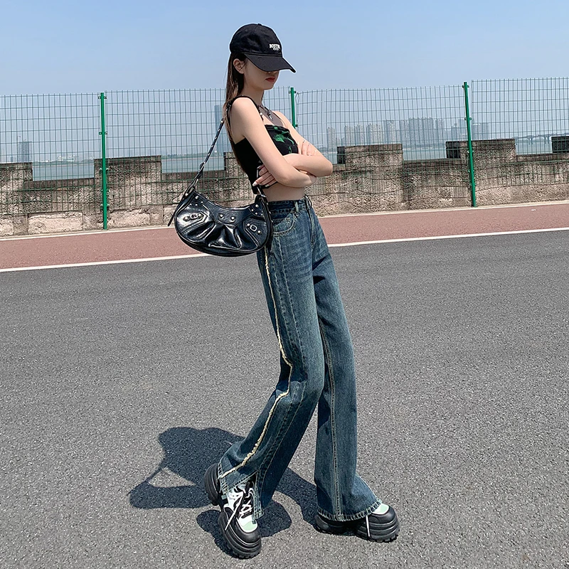 High waisted slit jeans for women's 2023 new long pants dark blue autumn and winter high street wide legs loose and slim micro f