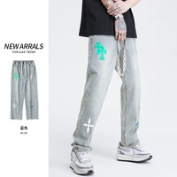 autumn new american hip hop straight leg boys jeans high street trend cross print fashion versatile loose