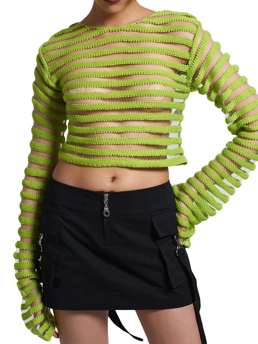 

Women s Summer Knitted Crop Tops Long Sleeve O Neck See Through Striped Knitwear