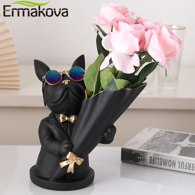 

ERMAKOVA 23 см Современный полимерный букет Французский бульдог Собака Статуя Цветочная композиция для вазы художественная домашняя декорация ...