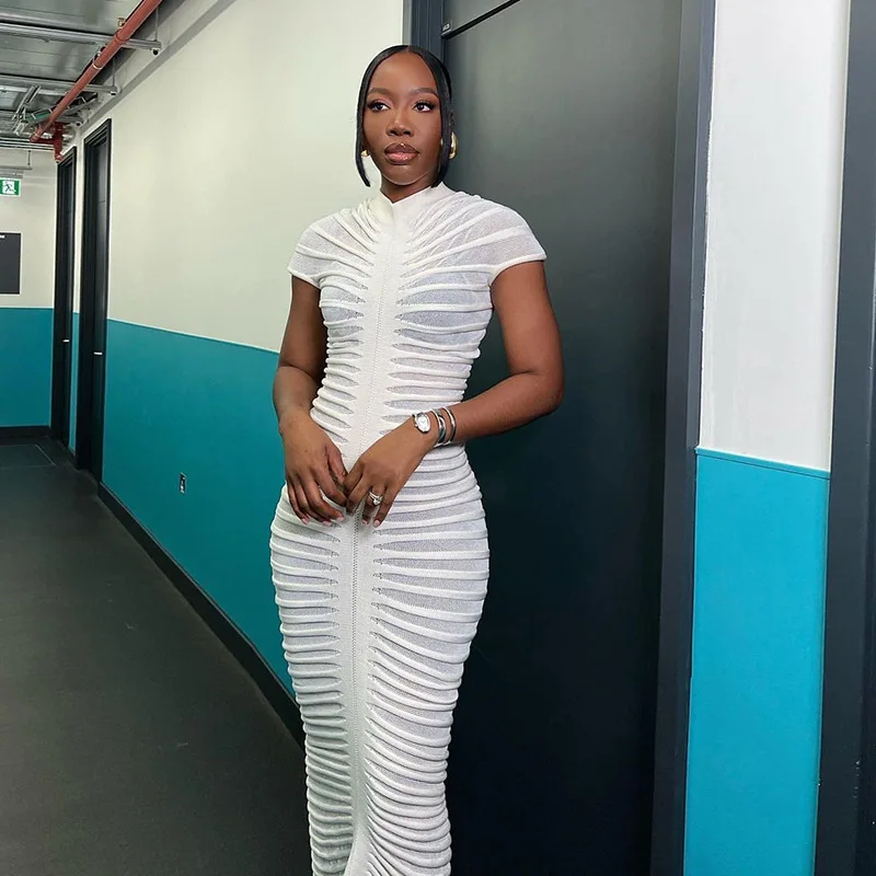 

Ruched Knit Sheer Bodycon Dress Women Fashion Sexy Club Outfit 2023 Autumn Female Casual Street Cloth Winter Elegant Party Dress