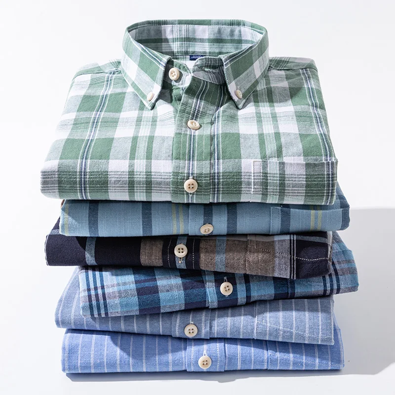 Hemp Shirt Striped Plaid Shirt 88.7% Cotton & 11.3% Linen Casual Loose Shirts for Men Clothing Mens Button Up Shirt Short Sleeve
