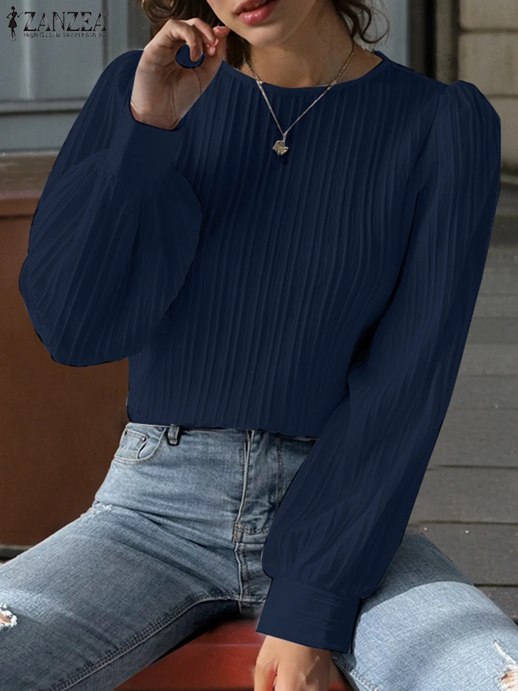 ZANZEA простые блузки из текстурированной ткани с круглым вырезом 2024 женские