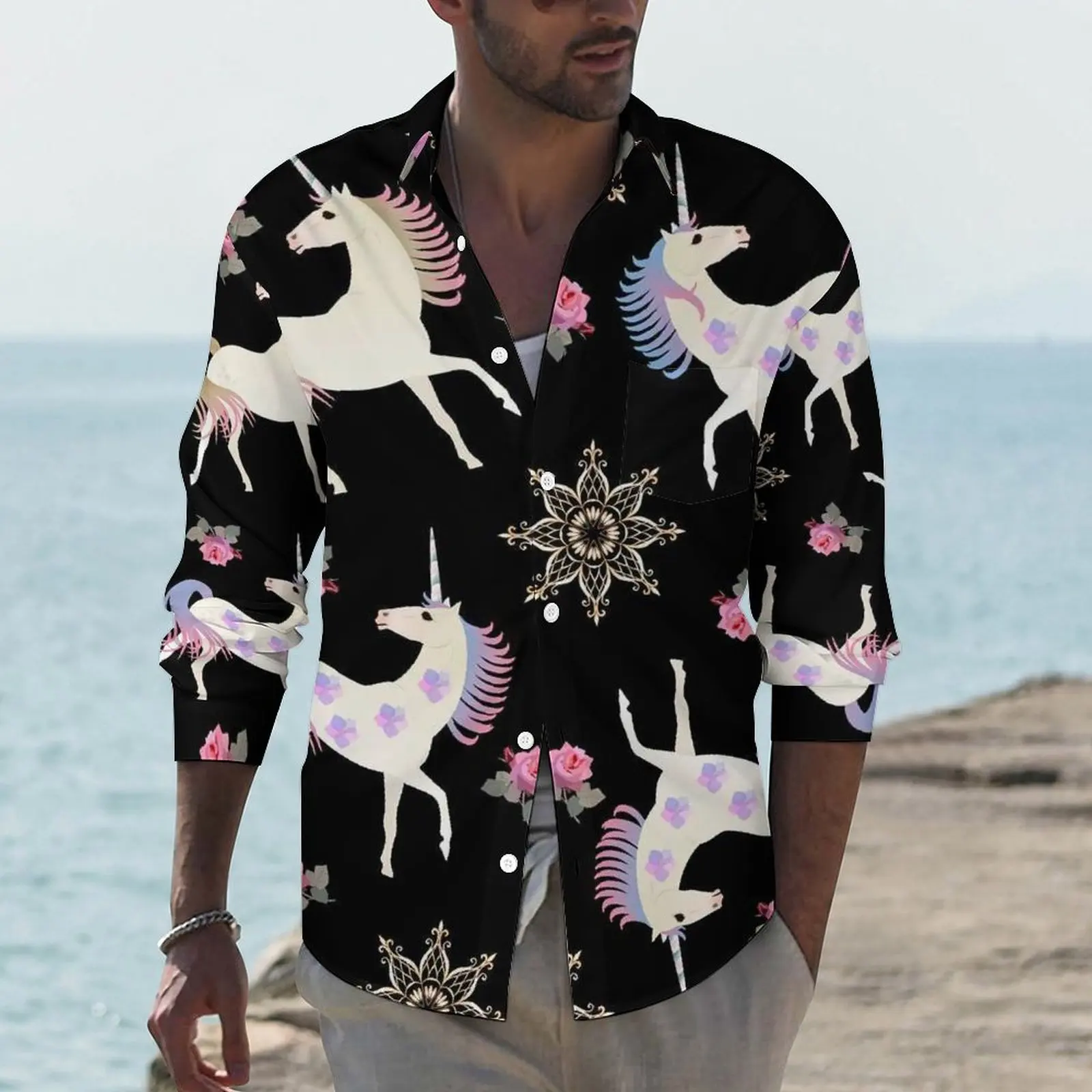 

Cute Unicorn Shirt Pink Floral Print Casual Shirts Long Sleeve Printed Y2K Blouses Autumn Loose Oversized Clothing