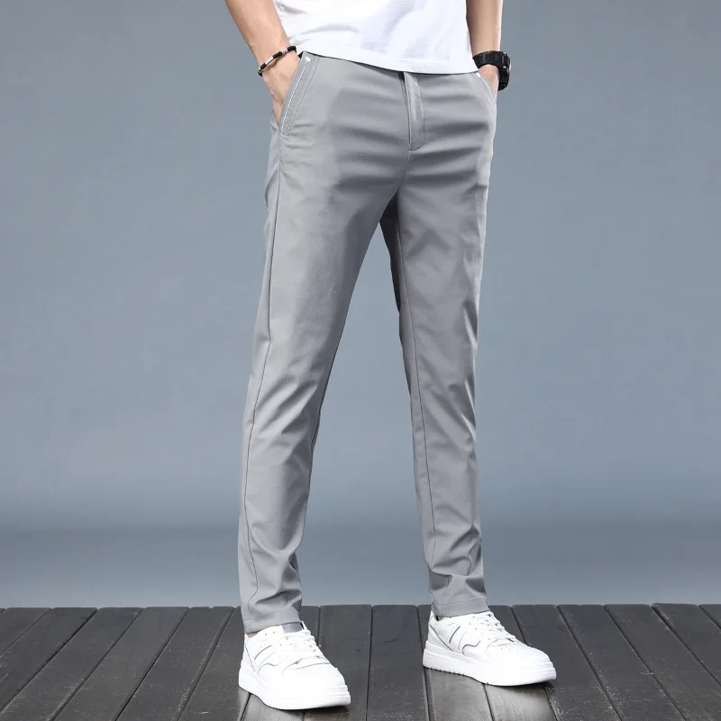 2022 Spring Summer Pants Mens Stretch Korean Casual Slim Fit Elastic Waist Business Classic Trousers Male Black Gray 28-38