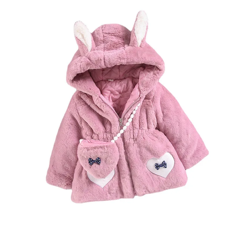 

Hooded Girls Jackets Coat for Kids Clothing Autumn and Winter New Children's Imitation Fur Thickened Tops Outwear with Love Bag
