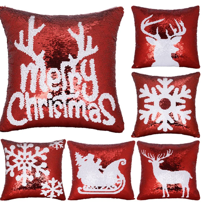 

Glitter Sequins Cushion Cover Christmas Elk Snowflake Red Xmas Pillow Cover for Living Room Sofa Throw Pillow Case