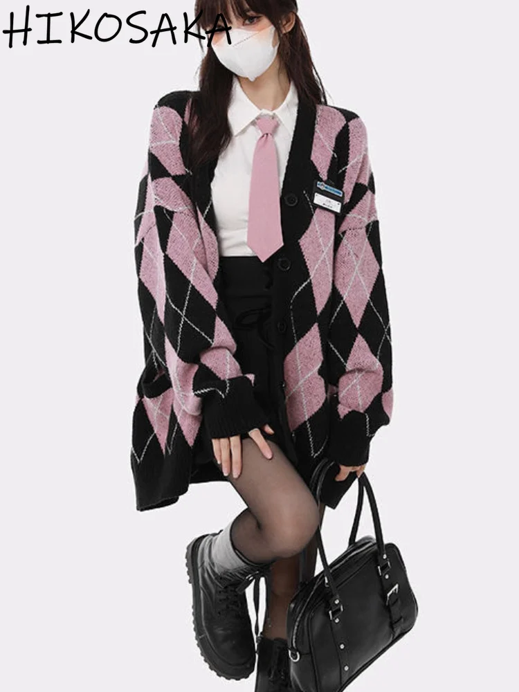

Женский вязаный кардиган с узором ромбиками, однобортный свободный свитер в Корейском стиле с V-образным вырезом и длинными рукавами, осень 2023