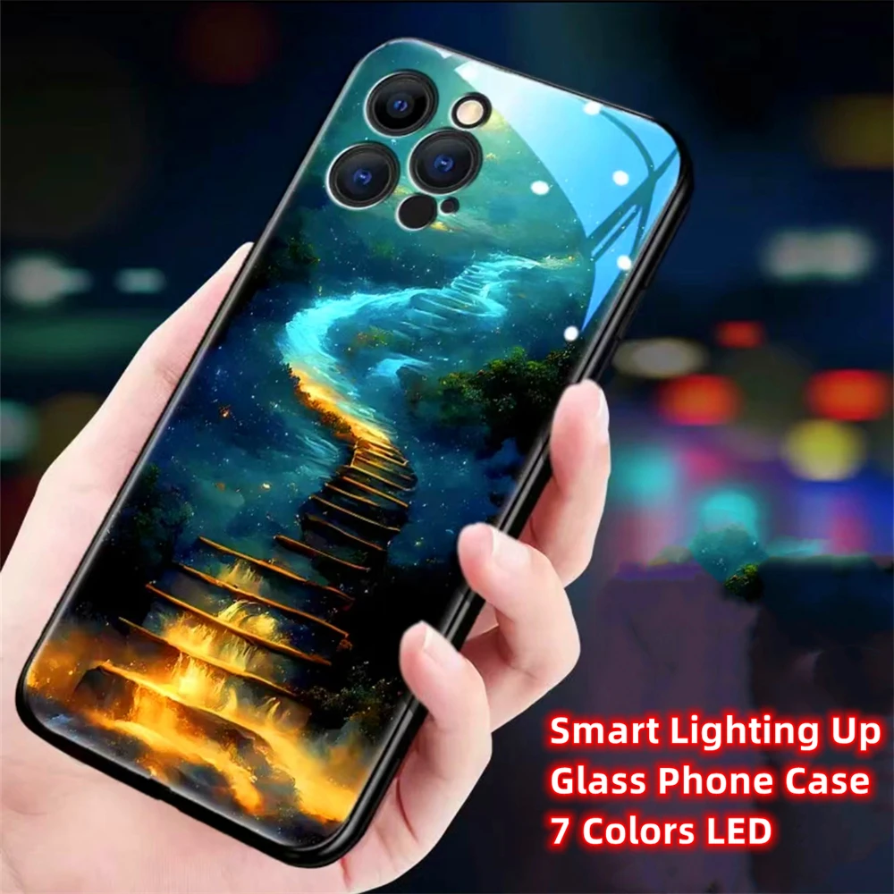 Фото Стильный чехол для iPhone Air 17 16 15 14 13 12 11 Pro Max Plus с дизайном «Лунный океан», умной LED-подсветкой и закаленным стеклом №4