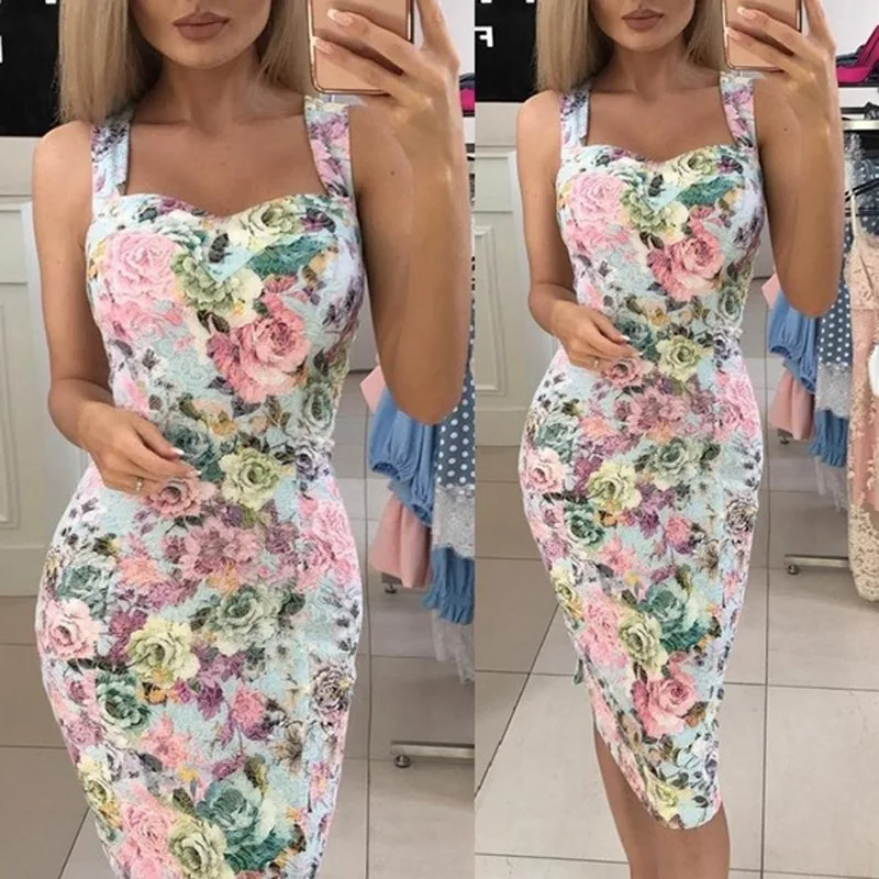 

2022new Summer Slim Fit Slimming Spaghetti Straps Printed Midi Dress