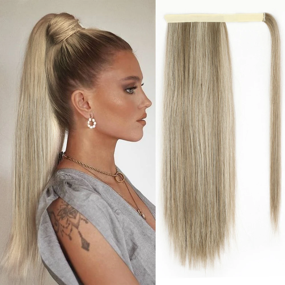 MONIXI Synthetic Long Straight Ponytail Wrap Around Clip in Hair Extensions for Women Natural Mix Blonde Pony Hairpiece