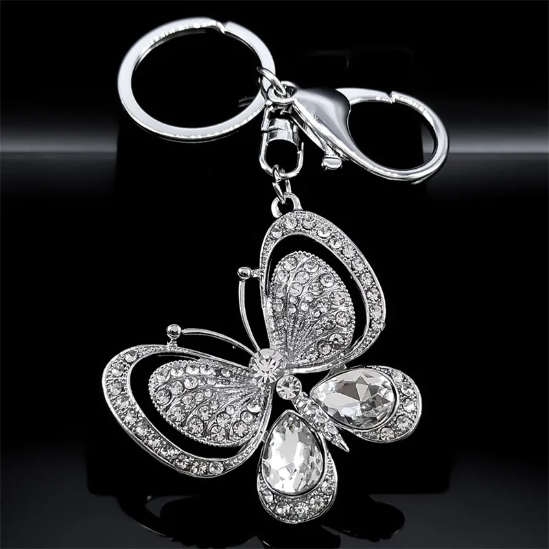 

Sweet Butterfly Bag Charm Keychain for Women Rhinestone Metal Silver Color Insect Key Rings Jewelry porte clef femme K5253S01