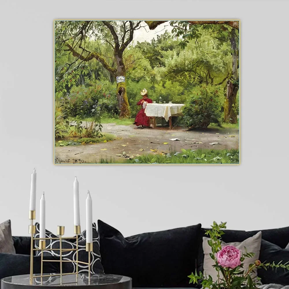 Картина маслом Peder Monsted &quotСадовая вечеринка с элегантной женщиной в красном