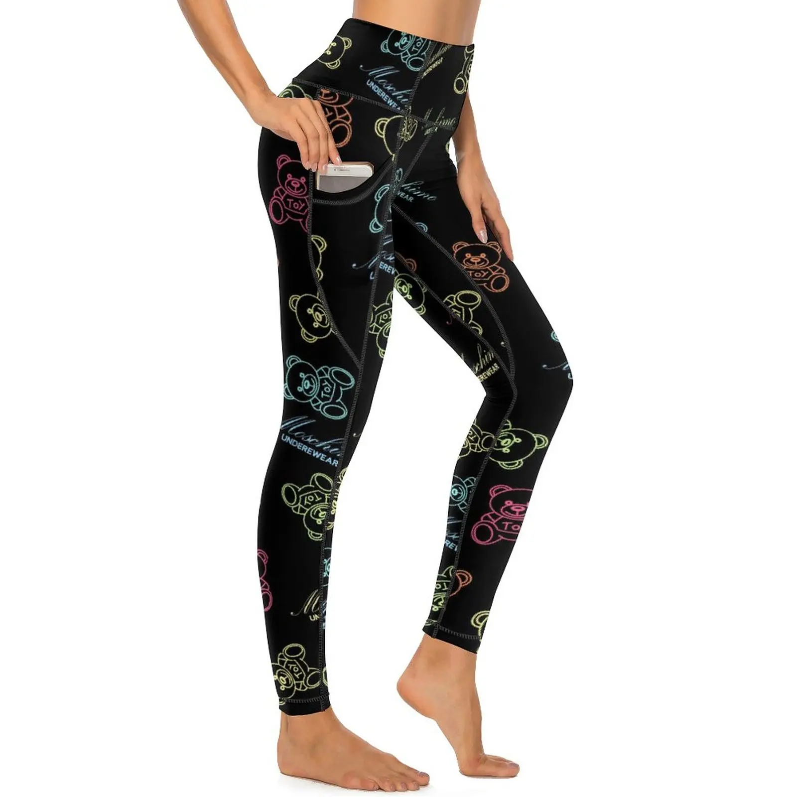 

Neon Bear Print Leggings Pockets Cute Animal Yoga Pants Push Up Workout Yoga Legging Women Breathable Quick-Dry Sport Pants