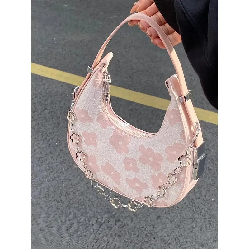

Women's Shoulder Bags Flower PU Leather Underarm Bag 2022 Fashion Elegant Two Chain Sling Handbag Zipper Half Moon Bag