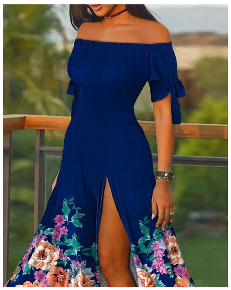 

Women Off Shoulder Maxi Dress Summer Sexy Short Sleeve Bow Tie Floral Print Dresses Fashion Casual Dress Vestidos