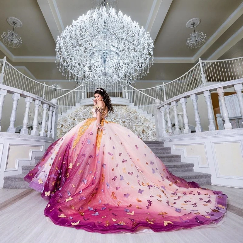 ANGELSBRIDEP 3D бабочка блестящие платья Quinceanera со шлейфом и аппликацией из бисера