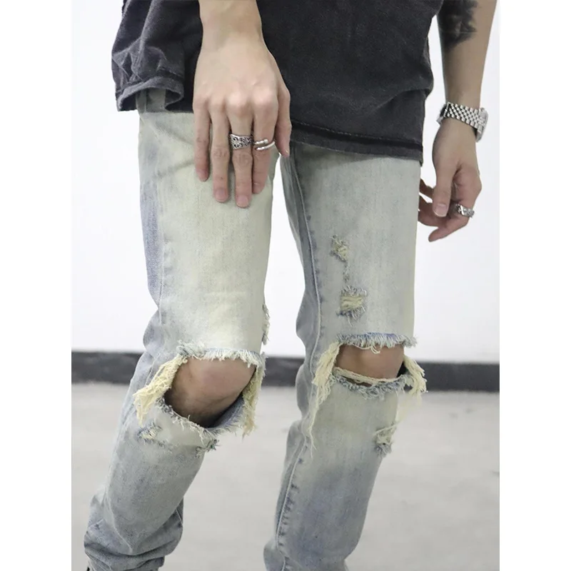 Mens Jeans Slim Fit Retro Light Blue Washed Streetwear Men Summer Fashion Denim Pants Full Length Ripped Jeans