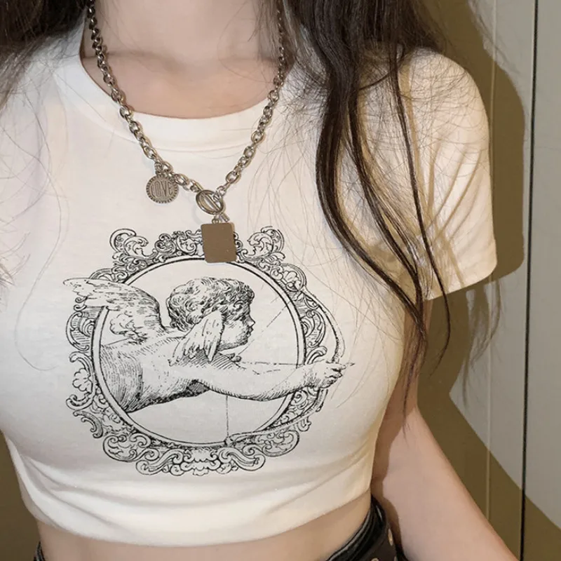 

Women y2k Clothes Crop Tops Summer 2023 T shirts Angel Baby Print Grunge 2000s Trashy Vintage Short Sleeve Tees Streetwear