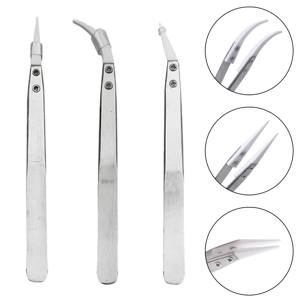 

3pcs Non Conductive Ceramic Tweezers Heat Resistant Anti-Static Reverse Tweezers Straight/curved Tweezer Hand Tool