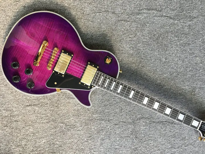 

Hot Sale Purple Flamed Maple Top one piece body and neck Gold Hardware ebony fretboard LP Custom Electric Guitar Guitarra