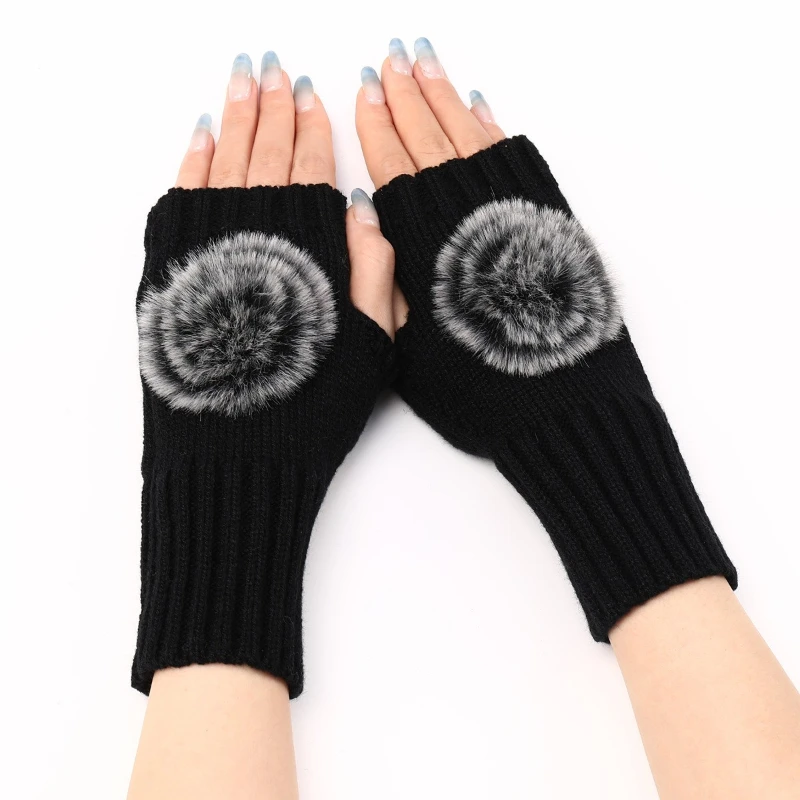 

New Autumn Winter Women's Short Fashion Hairball Gloves Knitted Wool Sleeve Warm Half Finger Gloves Women Winter