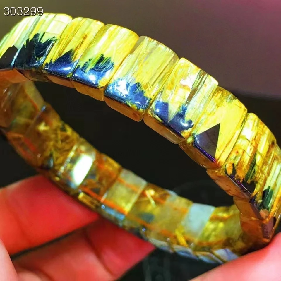 

Natural Gold Rutilated Quartz Crystal Bracelet 11.4x8.3mm Clear Rectangle Beads Wealthy Yellow Rutilated Brazil Stretch AAAAA
