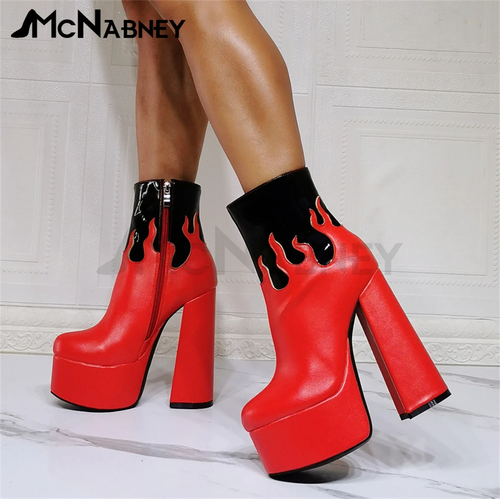 Mixed Color Ankle Boots Super High Platform Shoes Red Flame Black Leather Boots Unique Design Style Shoes Platform Modern Boots