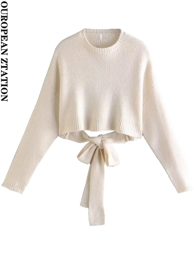 

PAILETE Women 2022 fashion with tied bow backless knit sweater vintage o neck long sleeve female pullovers chic tops