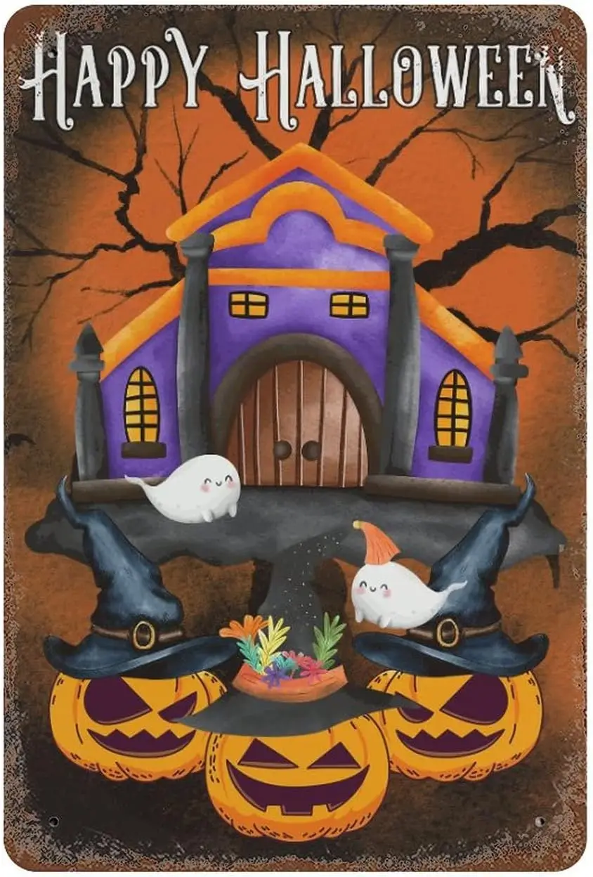 Grge Hppy Hlloween Pumpkn Hunted House Metl Tn Sgn Py Scry Werng Wtch Ht Vntge 812 nch Wl