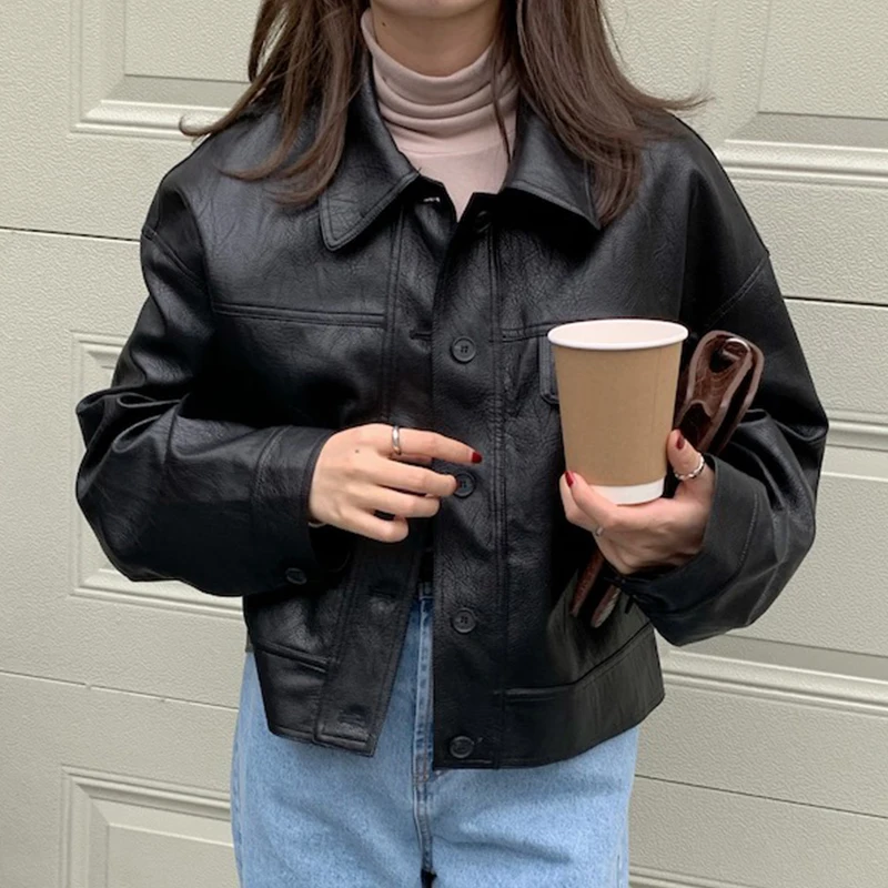 Casual Women's Leather Jacket Short Fashion Single Breasted Lapel Loose-fit Korean Style Elegant PU Leather Coats кожаная куртка