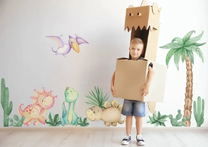 

Kids Wall Decal | Colorful Dinosaurs Wall Decals with Palm Wall Stickers | Cute Prehistoric Animals Decals
