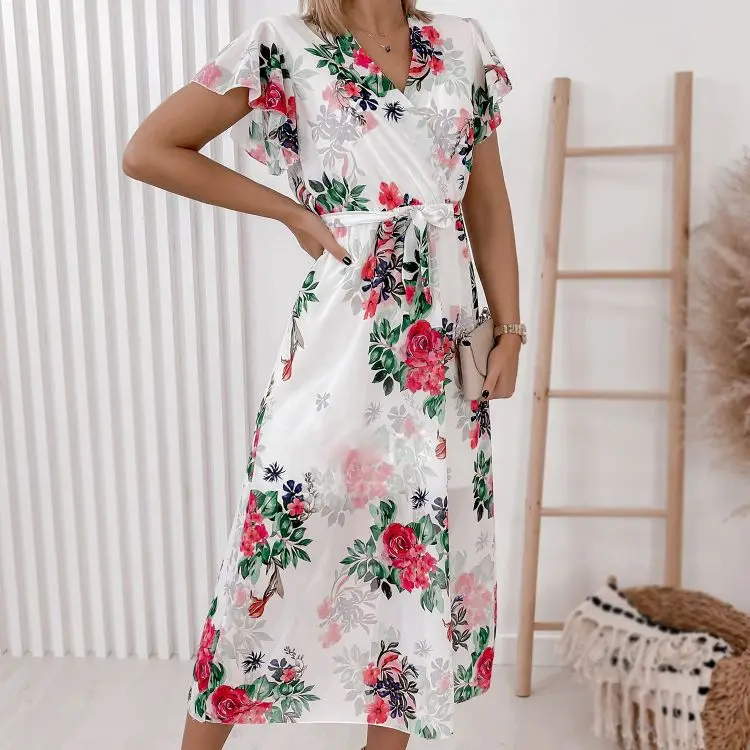 

Women Summer Elegant Party Long Dress Lady France Style V-Neck Flare Sleeve Floral Print Midi Dresses Vestidos 2022 Robe Femme