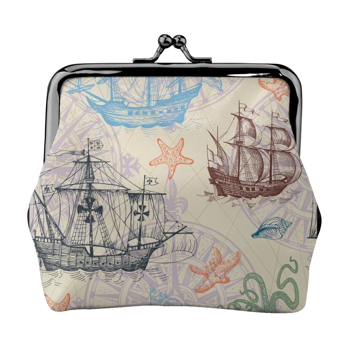 

Coin Purse Old Caravel Vintage Sailboat Sea Monster Monochrome Women Mini Pouch Female Pouch Key Card Holder Wallet
