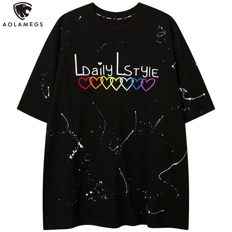 

Aolamegs Men Colorful Heart Letter Inkjet T-shirt Couple Hip Hop Hipster Youthful Tee Summer Cotton Short Sleeve Tops Streetwear