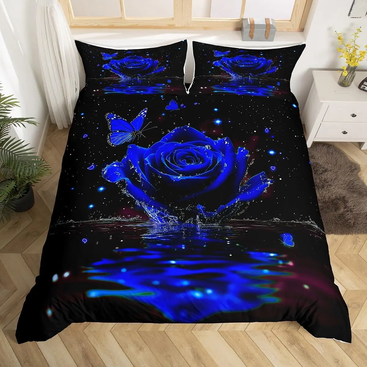 Фото Комплект постельного белья с цветком розы Twin King, Galaxy Moon Rose, пододеяльник для декора комнаты для мальчиков и девочек, пододеяльник с цветочным принтом на День святого Валентина №5