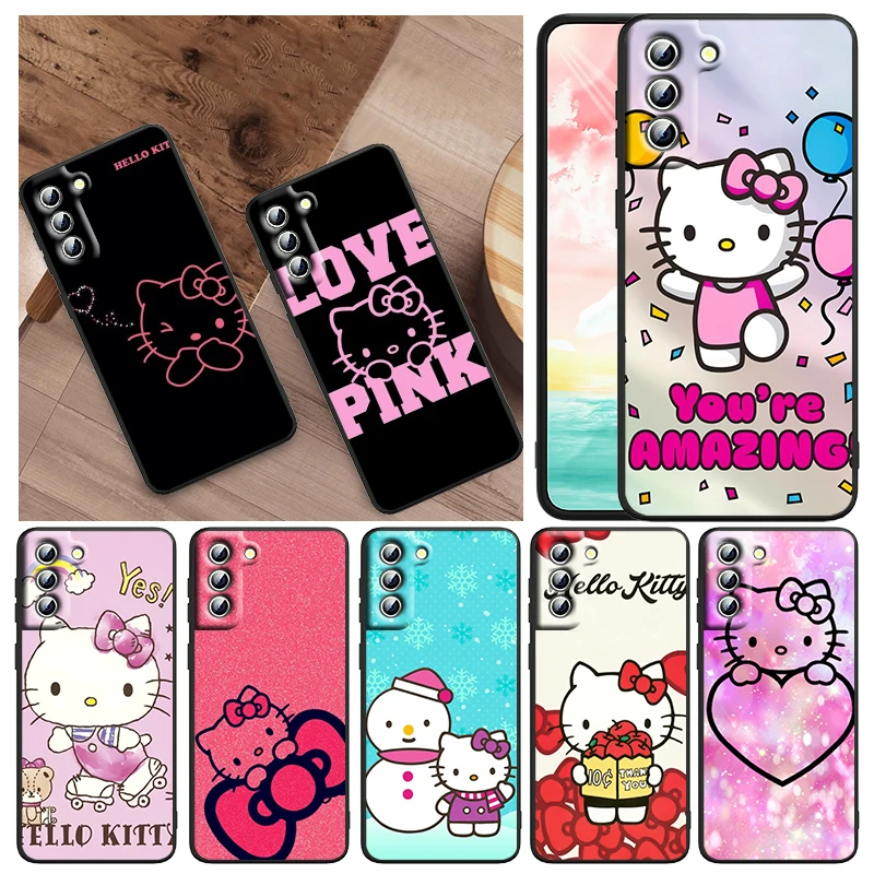 

Cartoon Hello Kitty Cute For Samsung Galaxy S22 S21 S20 FE Ultra Pro Lite S10 5G S10E S9 S8 Plus S7 Edge Black TPU Phone Case