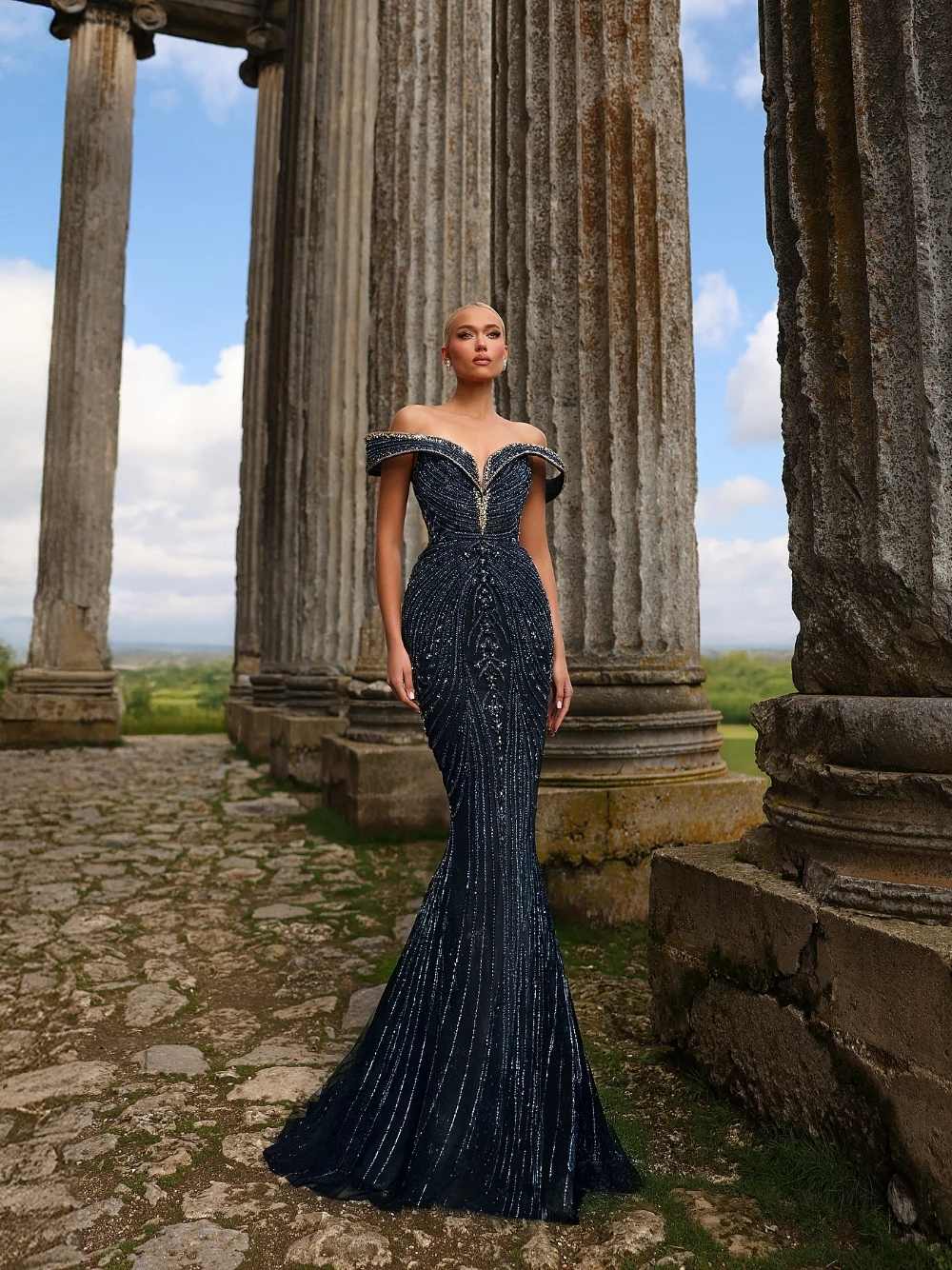 Фото Couture Темно-синее нежное вечернее платье русалки с открытыми плечами и бисером Блестящее платье макси для роскошных особых случаев и красной ковровой дорожки №2